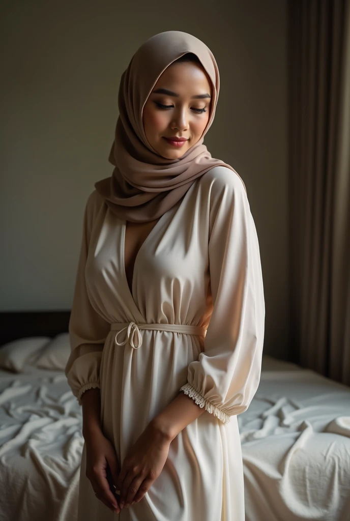(photorealism:1.2), beautiful malay woman, smiling, chubby, sitting on bed, wearing loose off-shoulders bride white short gown, wearing white hijab, sexy open beautiful legs, big breast, very big butt, indoors, plants in background, bright cozy room, sexy pose, realistic, intricate details, soft colors,