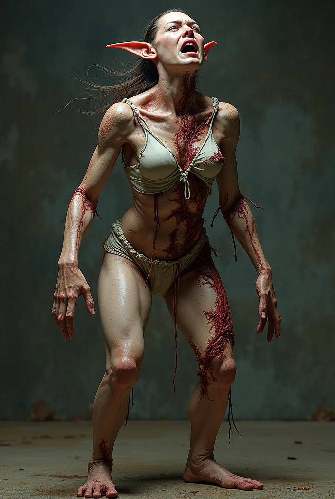 1girl,tifa, transparent skin tissue,blood vessel,mechanical structure,complex mechanical structure,taut clothes,mechanical arm,metallic luster,very realistic metallic texture,very perfect metal material,terrible muscle fibers,veins,flesh and blood machinery,biological machinery,flesh,viscera,catheter,fleshy,terrible background,dim pipeline,darkness,evil,bone,horrible wounds,terrible teeth,flesh and blood on the bones