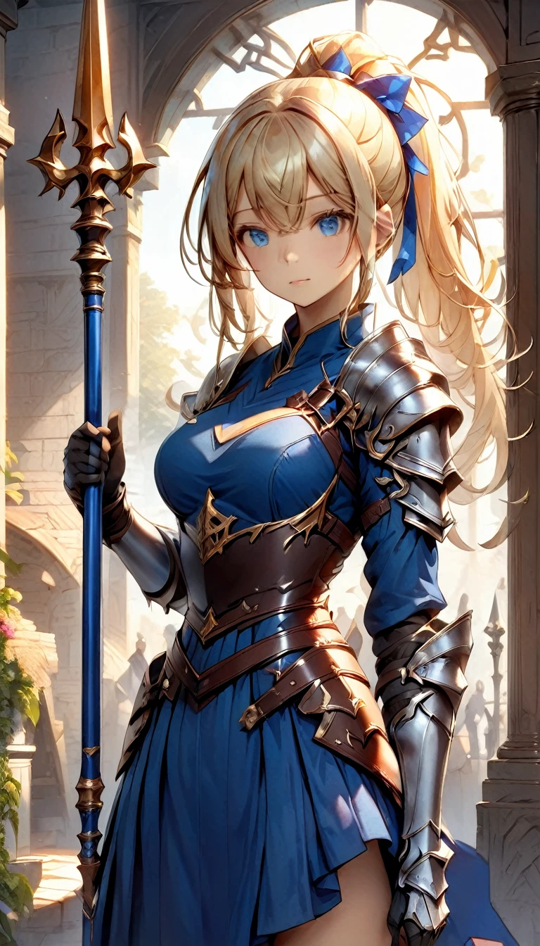  best quality、  Unity 8K Wallpaper、32K、masterpiece、 Very detailed、  ultra high resolution、 Very detailedな顔、 RAW photo、professional、Ultra-detailed paintings、Female Knight、 blue eyes、Blonde、 long ponytail、 blue dress 、Silver Armor、Shoulder rest、breastplate、Small Hands、waist support 、Shin guards、Ready your spear, upright