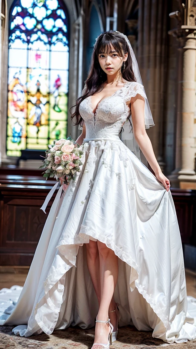 A beautiful young Japanese woman, 26 years old, with healthy thighs, beautiful legs, flawless skin, random hair color and style, large breasts, wearing a (wedding dress:1.3), full body shot, high heels, holding a bouquet in her hands, in a church setting, (best quality,8k,masterpiece:1.3),(extremely detailed:1.2),perfect anatomy