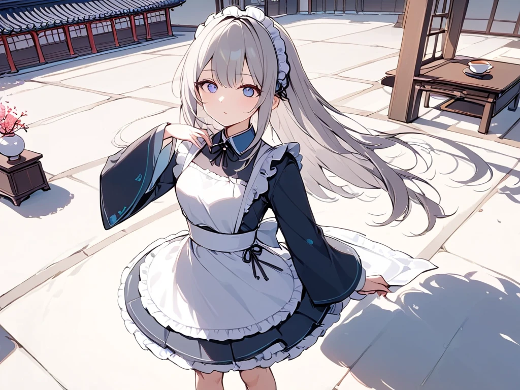 ( adult woman),(最High image quality, 8k, masterpiece:1.3), (24 years old:1.5), ( gray hair ), ( semi-long),  ( good style、Full body shot、Fair skin、 maid outfit 、 Long Sleeve 、Sophisticated, beautiful eyes、 long lashes、Waiter、Elegant、noble、 standing、 Long Skirt、Western-style building、Outer court、Tea Ceremony)), ([Ultra Clear:1.5), ( shiny skin:1.1),(Pale skin:1.1),High image quality、 clear contours、