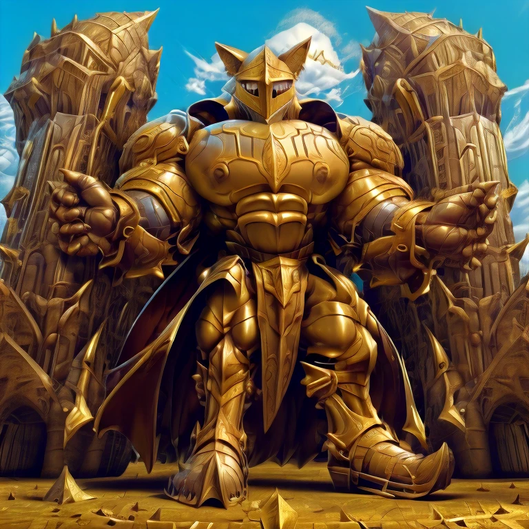 - Excalibur Sonic. Golden Armor. The whole body is golden.
- masterpiece. official art. 8k. best quality. detailed full body. full body.
- no face. wearing a full-face helmet.
- An arrogant expression. smile at the corner of your mouth.
- He with 4 arms.
- large muscles,  big muscle, huge muscles,  massive muscles, bulk up.
- focus GIANT Excalibur Sonic is trampling the city. Looking down. macro. stomp. Low-angle perspective. emphasizing the immense size. He has long legs.
- The nails are sharp. The nails are gold. There are five fingers.
- The toenails are sharp. The toenails are gold. There are five toes.

(Excalibur Sonic, golden armor, helmet, no face, holding, red cape, upturned and pointy shoes)