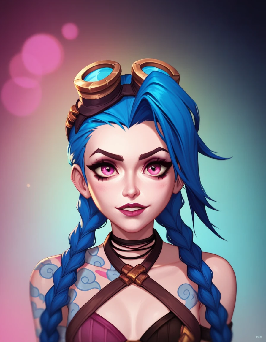 jinx, Draw a light on a blue, faced k-pop girl, (masterpiece:1.2),hi-res,4k,extremely delicate and beautiful art,pastel color,jinx_/(league of legends/), pink eyes, blue hair, [twin braids] full body,standing, portrait