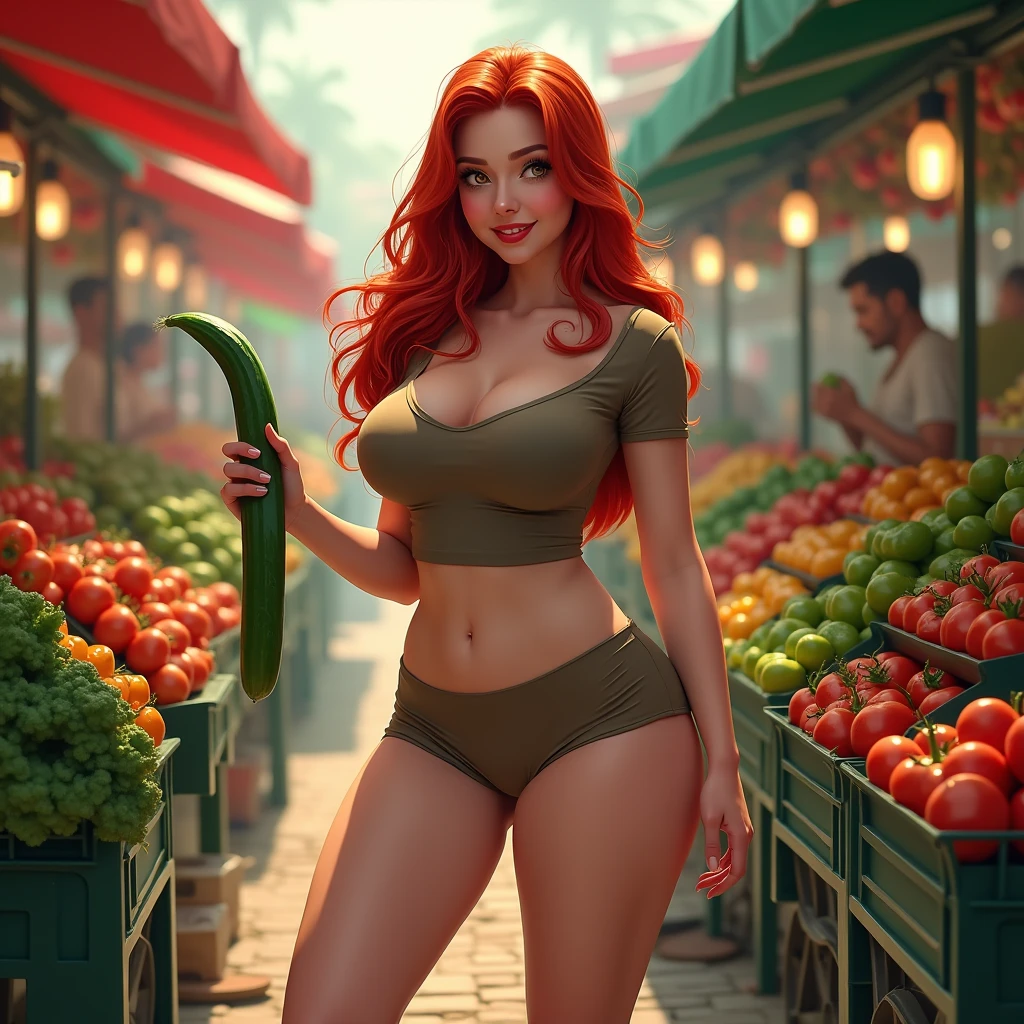 Full-length, Naked Young curvy beauty with long curly red hair smiling charmingly, holding a large tray on which is a bunch of different fruits and large round breasts of beauty, breasts on the dish. Pinup masterpiece