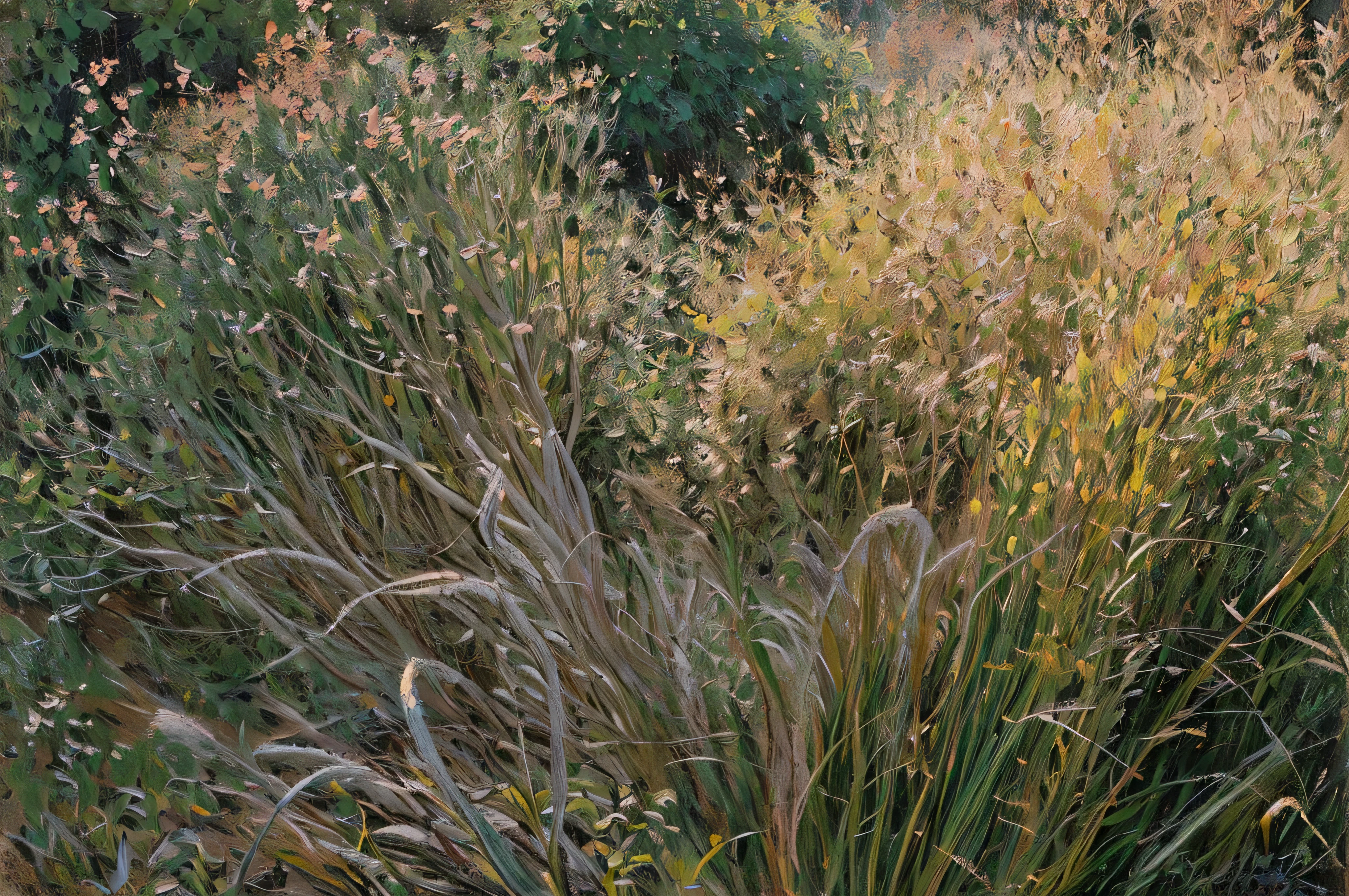  Monet style，Backlight， light pink grass , hay ,  grass grows too dense , Overgrown, Plants and grass, Long grass in the foreground, Soft autumn light,  excessive growth in the fall , Orange grass, Long grass, ,   wildflowers and grass  , A field of red grass  , reed