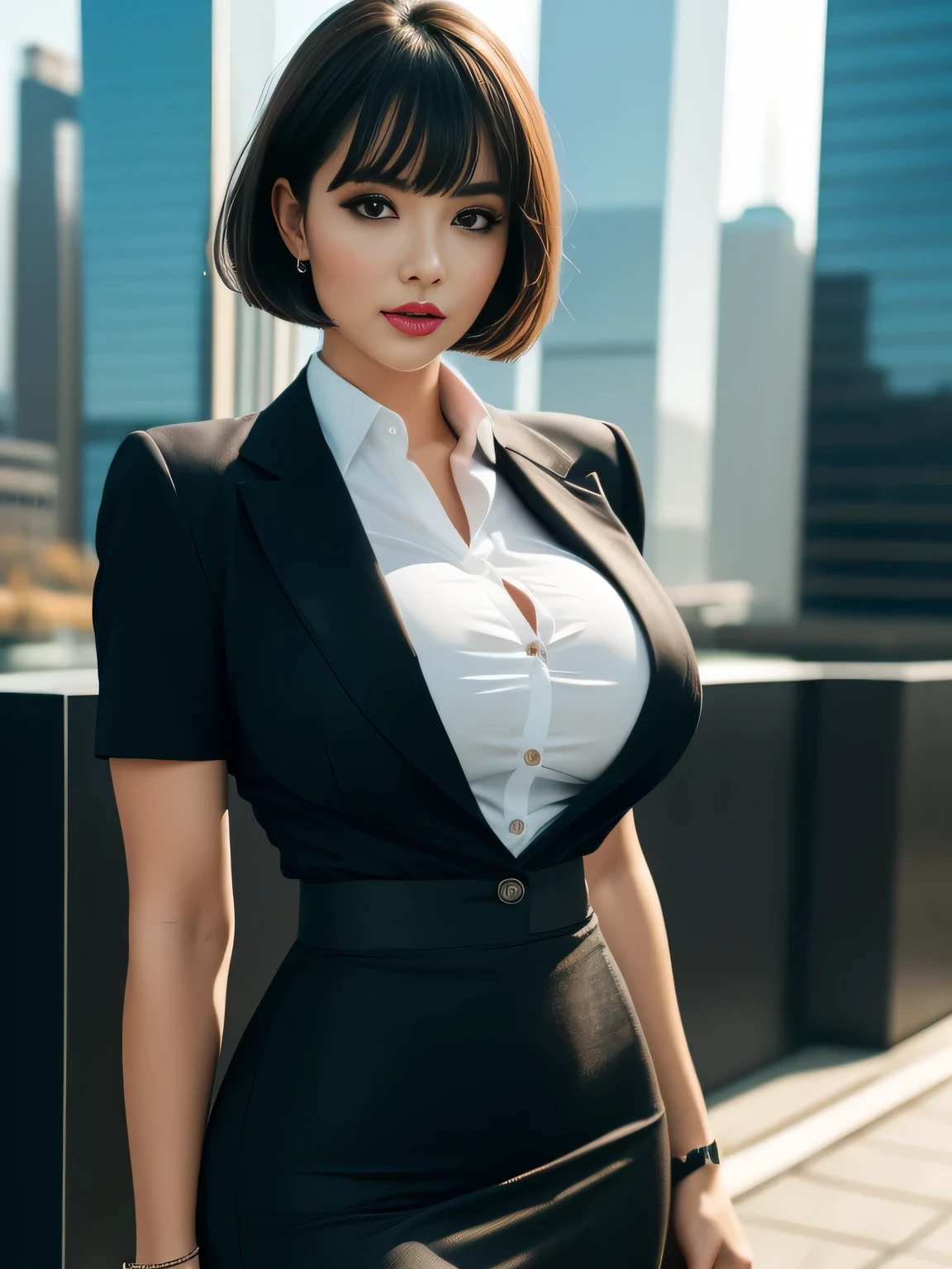 Tight-fitting business shirt, Just-fitting short sleeve, High-waist pencil skirt, (Shirt tucked into skirt:1.3), (Wearing a business Jacket on top:1.3), Office district, Skyscrapers in the background, Daytime, Sunshine,,
8K Quality, (High Resolution:1.25), (Realistic photo:1.5), (Raw photo:1.25), (Extremely detailed photo), (White balance:1.25), Absolute masterpiece,
(Looking at the viewer:1.3), Staring, Standing,
(Big breasts:1.3), (Lip make-up), Glossy skin, Bangs, Short wavy bob, Ultra pretty girl