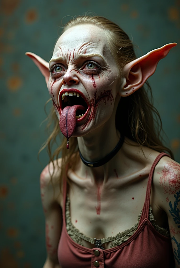A thin girl 2,
with a long face, big ears, unruly dirty blonde hair and eyes of different colors, one violet and the ofher green, a crooked nose, freckled face, naked, Slender but big tits,ahegao face, spit oll over her, tounge Out , Sharp Vampire teeth, wet face and tits