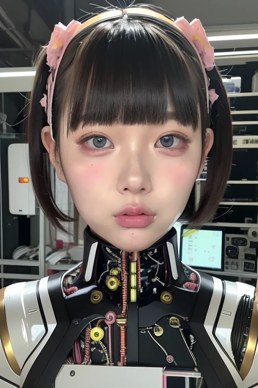 masterpiece, best quality, extremely detailed,portrait,front view,Japaese android girl,Plump,pastel color uniform, control panels,android,Droid,Mechanical Hand, Robot arms and legs,Blunt bangs,long tube,thick cable connected her neck