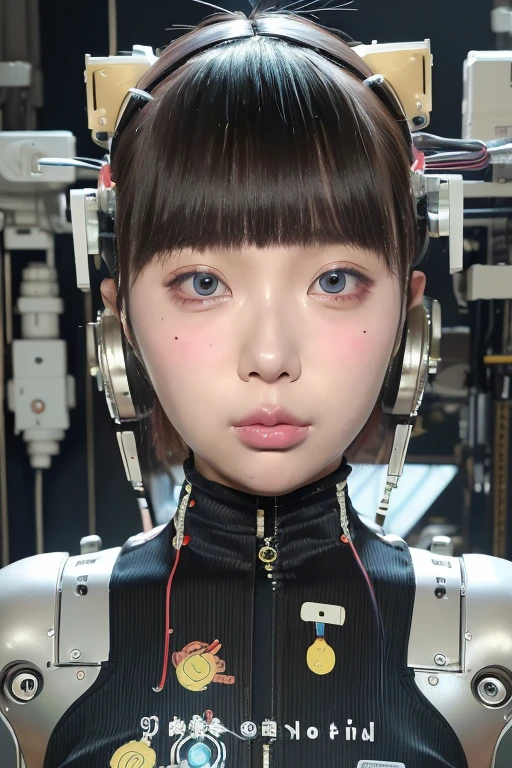 masterpiece, best quality, extremely detailed,portrait,front view,Japaese android girl,Plump,pastel color uniform, control panels,android,Droid,Mechanical Hand, Robot arms and legs,Blunt bangs,long tube,thick cable connected her neck