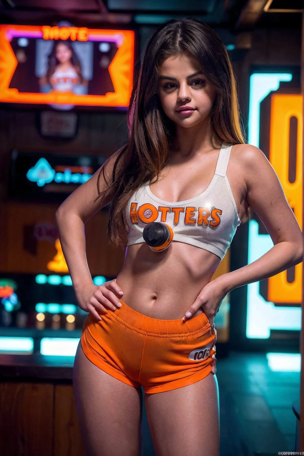 (((Selena Gomez))), Hooters uniform, white top with Hooters logo, short orange shorts, white ankle socks, white sneakers, standing with a provocative and mischievous smile, in a pornographic bar, (best quality,4k,8k,highres,masterpiece:1.2),ultra-detailed,(realistic,photorealistic,photo-realistic:1.37),highly detailed facial features, extremely detailed eyes and face, beautiful detailed eyes, beautiful detailed lips, longeyelashes, detailed hooters uniform, detailed orange shorts, detailed white socks and sneakers, warm lighting, vivid colors, cinematic composition, photorealistic, professional photo studio, editorial style