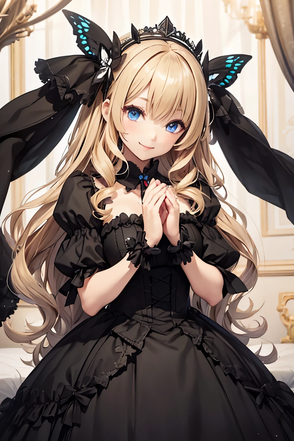 eqlc, 1girl, long hair, solo, naked body, evening dress(ornate dress), long dress, blonde hair, blue eyes, white gloves,lovely small breasts, flat chest, bow, bangs, covered navel, detached collar, a weary face,parted lips, nose blush, blush,facing viewer, looking at viewer, in the livingroom, wall, kabedon pov, kabedon against wall, standing, ,spread legs,top view