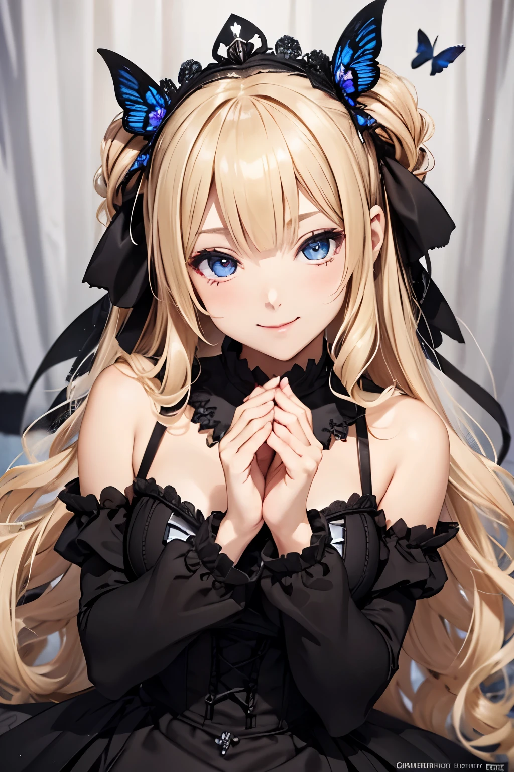 prompt : 8k resolution, gentle face , , single, unique pupils, has a smiling face , blonde alone, princess cut ,Vertical Roll, Butterfly Hair Ornament, brooch, shiny deep black dress, ta Style , gothic, Hands clasped, Towards Viewers