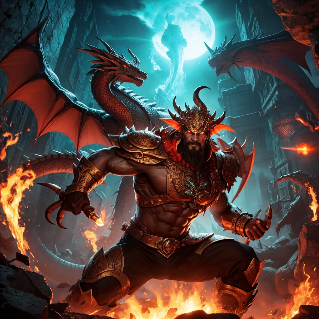 Garuda birt and dragon fight in the sky,dragon shoot with fire and Garuda fight with his big hand