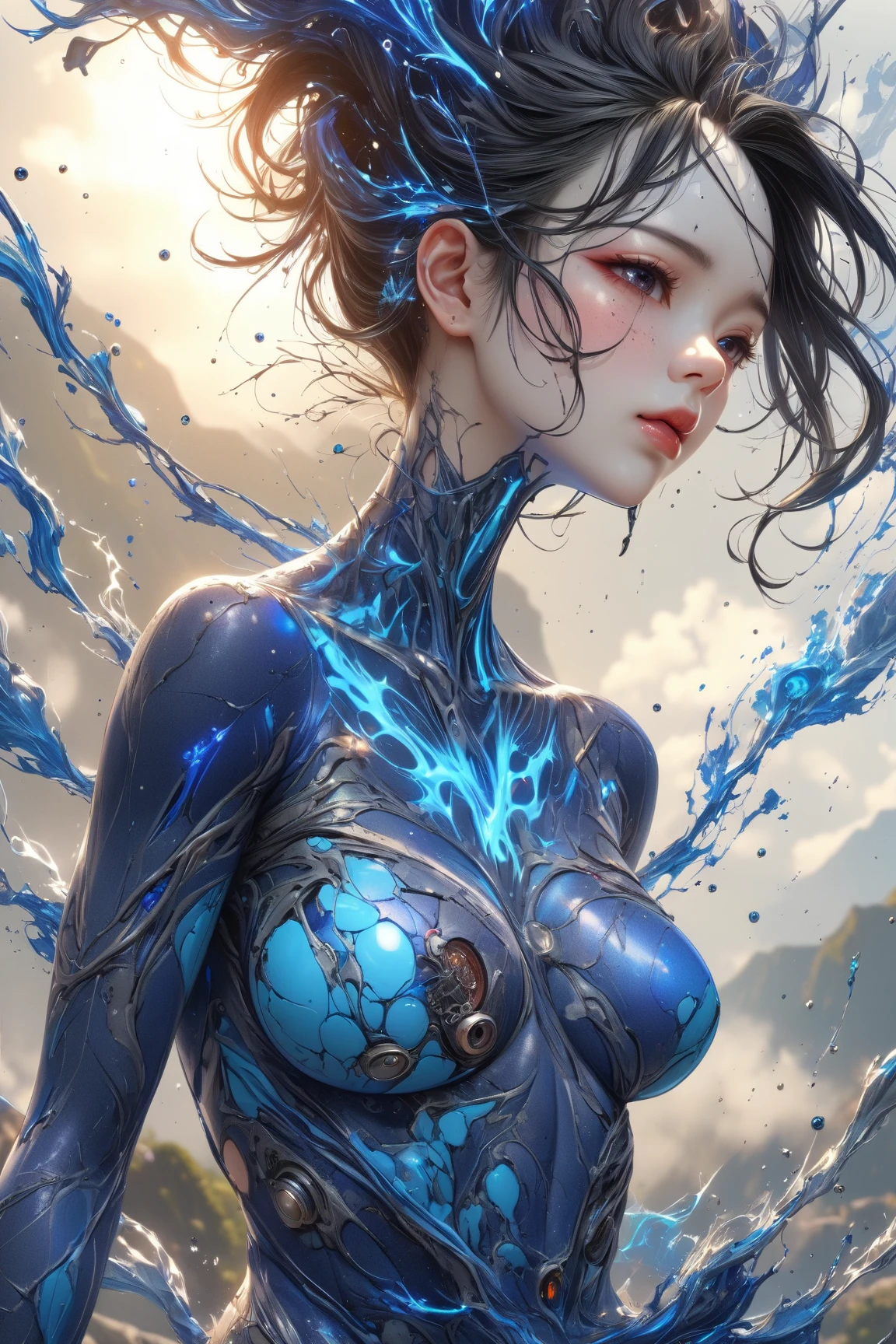 masterpiece, extremely detailed, best quality, 1girl, translucent skin, white jumpsuit, mechanics, tron circuit veins, full body photo, big breasts, wearing red and blue metal alloys, sitting at an organic charging station with a lake full of water lilies and fireflies in the background, moonlit night, ethereal, iridescent, bright lights illuminating from within, celestial, serene, beautiful, close up, robotic limbs, realistic, highly detailed, intricate, face lighting