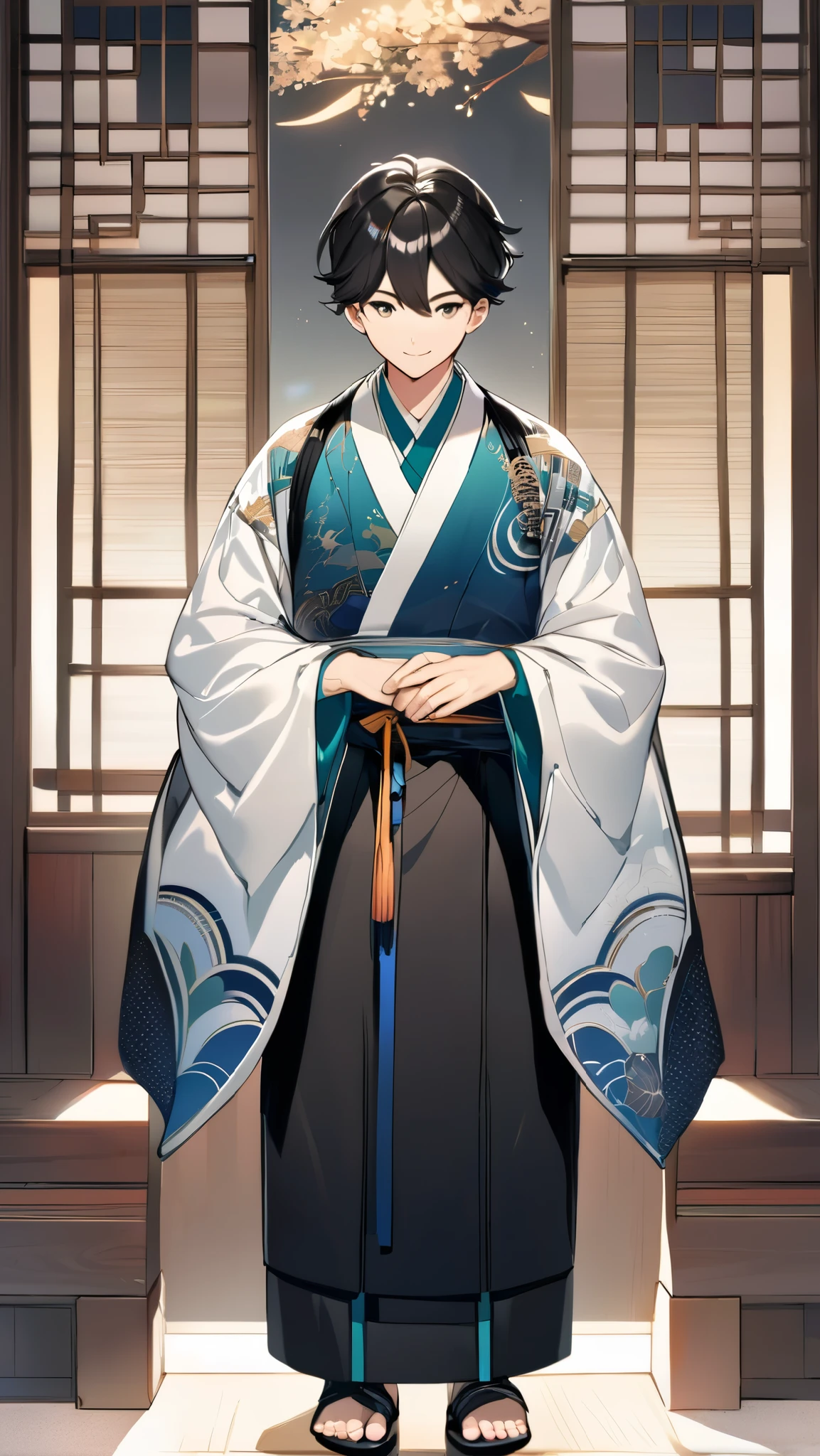 A perfectly framed, full-figure, full-body illustration of a professional-grade male VTuber character, specifically designed for streaming use. The character is a modern, stylish, and handsome young man with a charismatic yet approachable, and slightly androgynous appearance. His outfit incorporates elements of traditional Japanese design, blending intricate patterns and cultural motifs of kimono or other traditional attire with modern aesthetics to create a unique and striking appearance. The art style is anime-inspired, with vibrant colors and clean shading characteristic of cel-shading techniques, giving it a polished and VTuber-appropriate look. The character is standing upright in a neutral pose, with arms relaxed naturally at his sides, facing directly forward. His expression is confident and friendly, featuring a slight smile with his mouth slightly open. The entire character must be visible within the frame, from the top of the head to the tips of the toes, with precise alignment to ensure no parts are cut off. The background is plain white to emphasize the character and eliminate distractions. The proportions must be anatomically accurate, and the full-figure framing adjusted for perfect alignment to the canvas, with equal spacing around the edges to avoid cropping. The illustration should be highly detailed and professionally polished, suitable for commercial use in streaming overlays, promotional materials, and branding.
