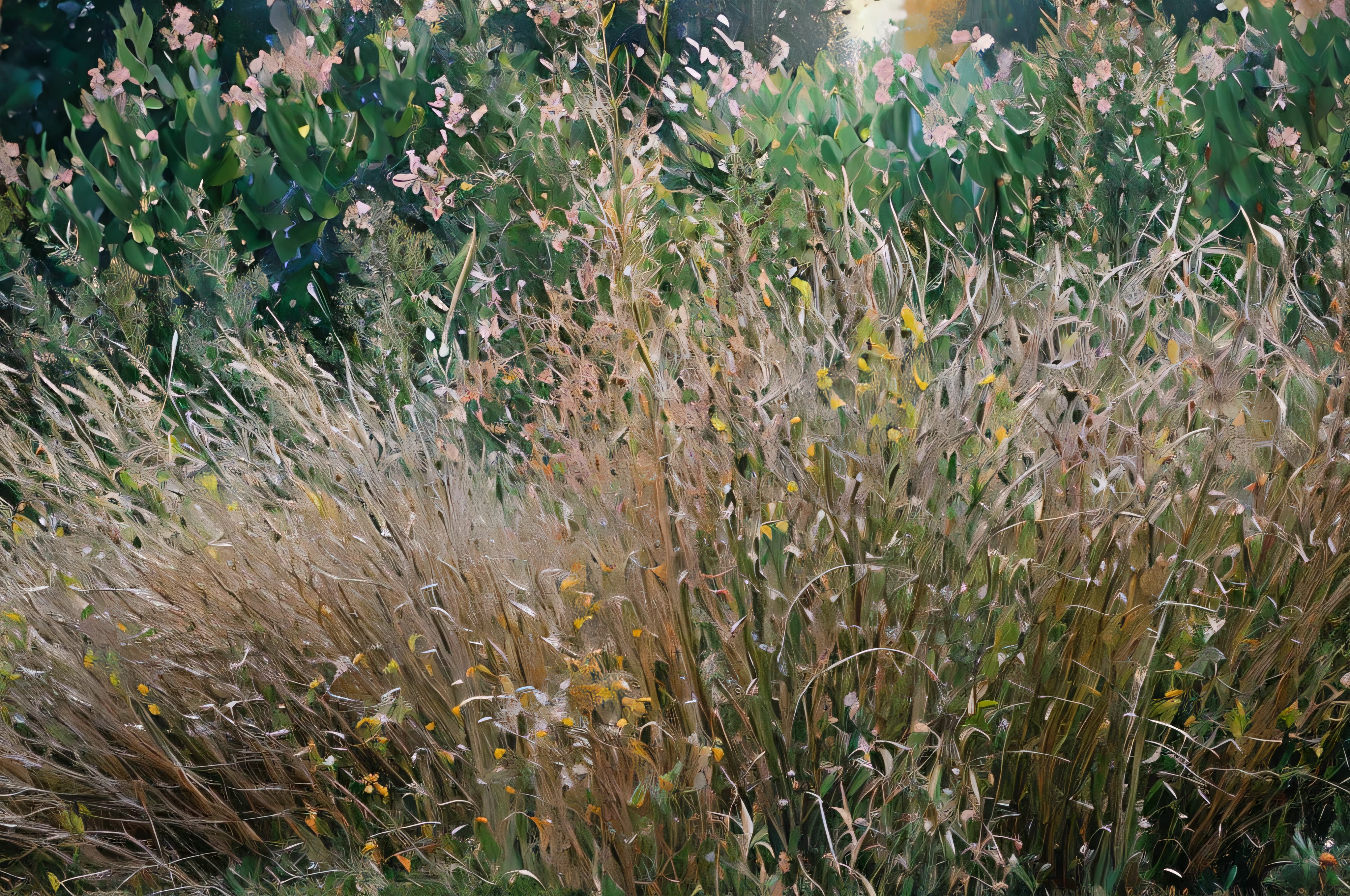 there is a fire hydrant in the middle of a garden with Tall Grass, hay , Long grass in the foreground, Orange grass,  light pink grass ,  grass grows too dense , Long grass,   wildflowers and grass  , Overgrown, A field of red grass  ,  long thick grass , Plants and grass, Tall Grass,  excessive growth in the fall , Natural golden color