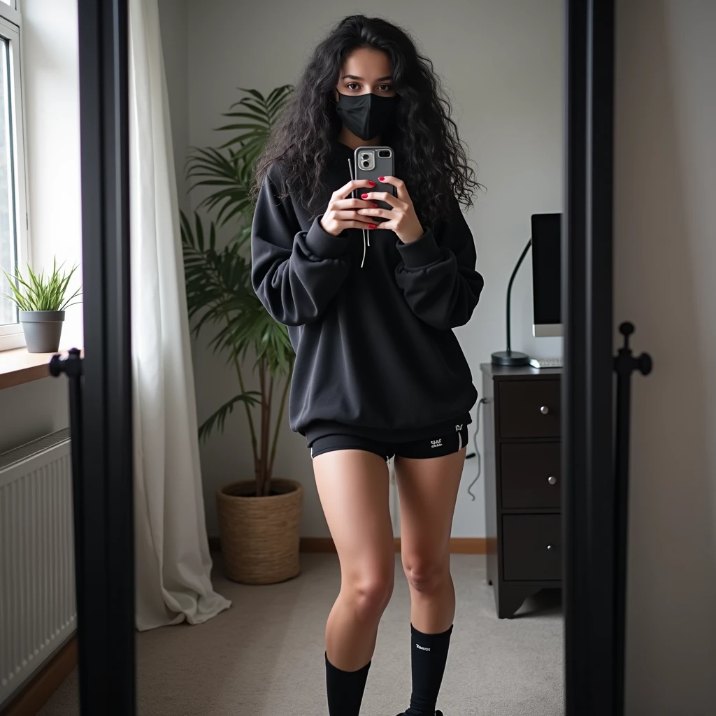 Sexy girl with long black hair wearing a black hooded face mask and a black sweater taking a selfie in the mirror looking sideways and her foot bandaged with a plaster 
