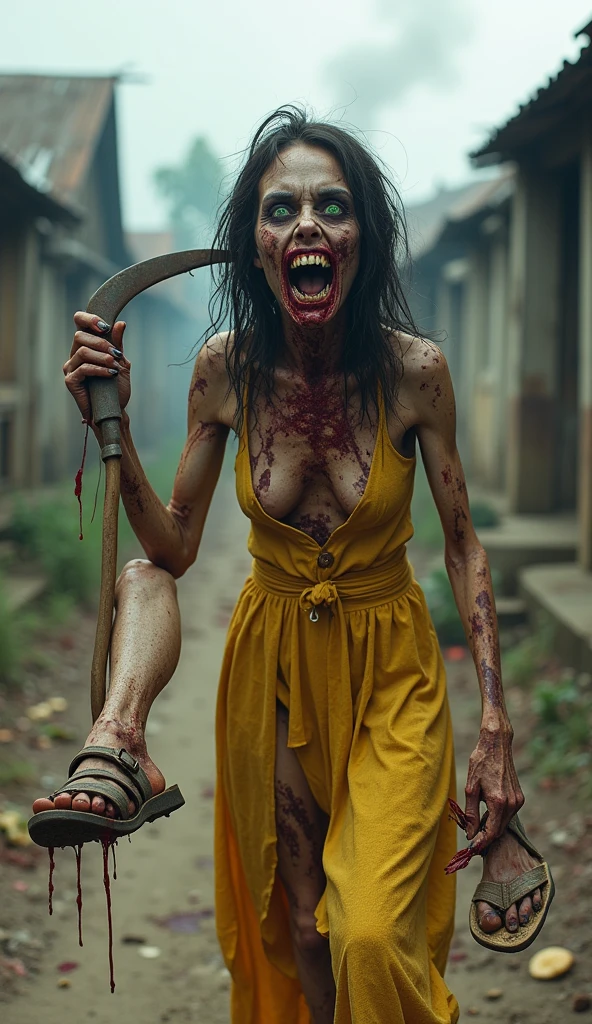 A Thai woman with long black hair in a tight brown hiking outfit. Her body is covered in blood, while the left side of her face has become a tiger's mouth with fangs, in agony as she kneels. There is a green light in her eyes. At the side is an M16 rifle and blood stains. The atmosphere is rainy.