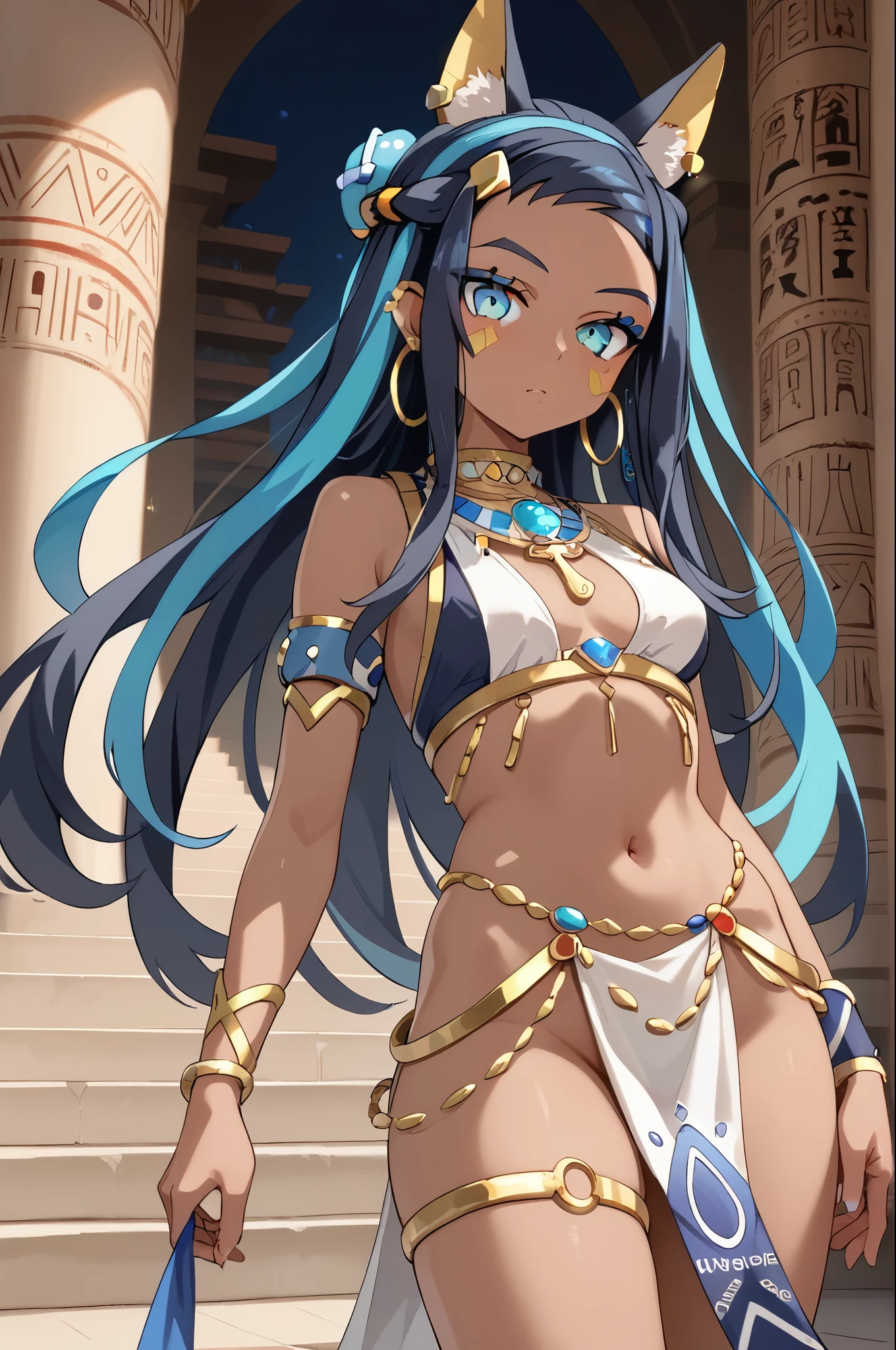 nessa, black hair, blue hair, long hair, multicolored hair, blue eyesperfect face, (perfect eyes), sidelocks, animal ears, facial mark, hoop earrings, headband, egyptian clothes, revealing clothes, pelvic curtain, jewelry, score_9, score_8_up, score_7_up,source_anime,BREAK,