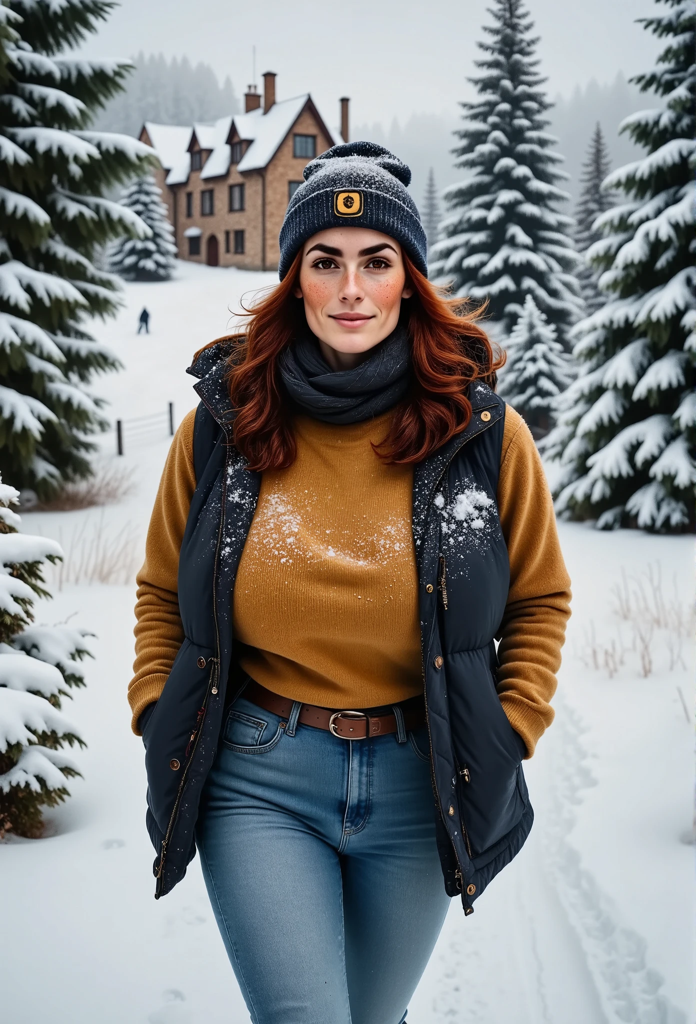 Photorealistic,(high-angle picture), featuring a woman walking through a snow-covered evergreen forest. She is a beautiful british woman, slight smile. with brown eyes, downturned eye shape. She has high cheekbones and dark eyebrows. She has reddish-brown hair, long hair kept open hairstyle, light skin and freckles.Her attire includes a black and yellow flannel blouse,down vest, light blue stonewashed jeans, wool beanie. In the background a hillside and under the hill a beautiful Victorian era farmhouse