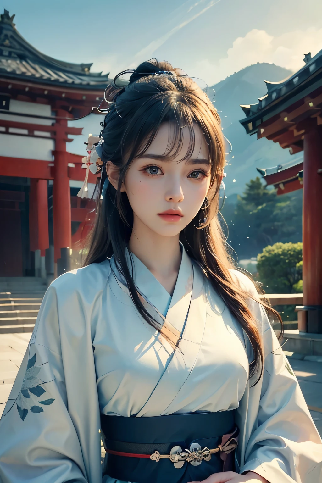  best quality, masterpiece,  high definition ,,  1 girl ,  detailed face , ( upper body:1.6),  Cyber City , Mountain々Yakawa,   knight , Firefly Light, Realistic,  rich in detail , ( White Kimono :1.2), ( beautiful body:1.4),kimono、torii、Temple、Japan、Japanese style