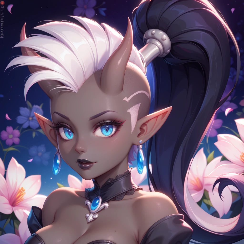 score_9, score_8_up, score_7_up, ((Masterpiece)), ((highres)), ((1person, 1girl, 1female)), Random poses, beautifully detailed succubus girl, ((white mohawk w/ponytail)), defined elf ears with ear guages, defined eyes, pastel iris, long eye lashes, defined nose, black lipstick, curvy, (((Black skin))), black demon horns, breasts, night sky, pastel gothic style, gothic style art, gothic asthetic, (((gothic floral background))), bust shot