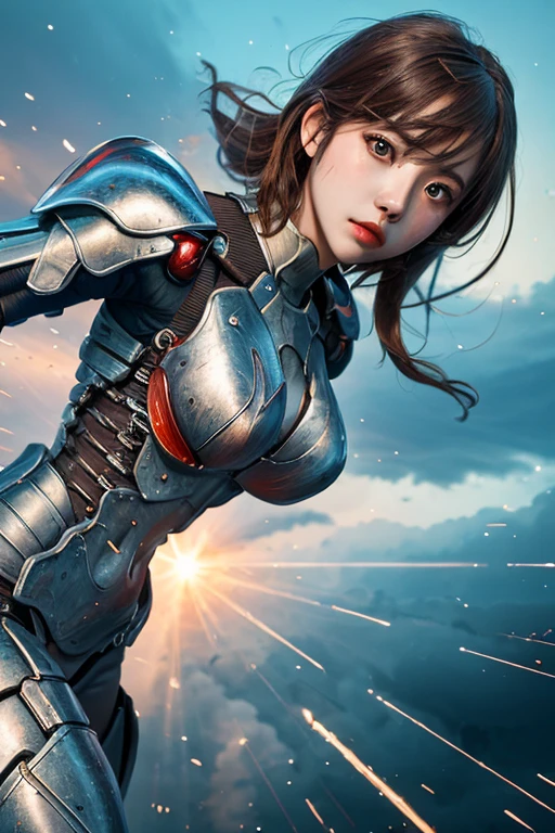 best quality,  highres icon, 8k, masterpiece, (real photography: 1.5), whole body,  girl hero,  beautiful face,  well-balanced face , biological exoskeleton armor,battle field, (dynamic angle: 1.5), (Bright Light: 1.2)