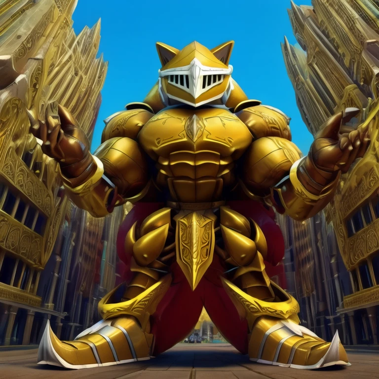 - Excalibur Sonic. Golden Armor. The whole body is golden.
- masterpiece. official art. 8k. best quality. detailed full body. full body.
- no face. wearing a full-face helmet.
- An arrogant expression. smile at the corner of your mouth.
- He with 4 arms.
- large muscles,  big muscle, huge muscles,  massive muscles, bulk up.
- focus GIANT Excalibur Sonic is trampling the city. Looking down. macro. stomp. Low-angle perspective. emphasizing the immense size. He has long legs.
- The nails are sharp. The nails are gold. There are five fingers.
- The toenails are sharp. The toenails are gold. There are five toes.

(Excalibur Sonic, golden armor, helmet, no face, holding, red cape, upturned and pointy shoes)