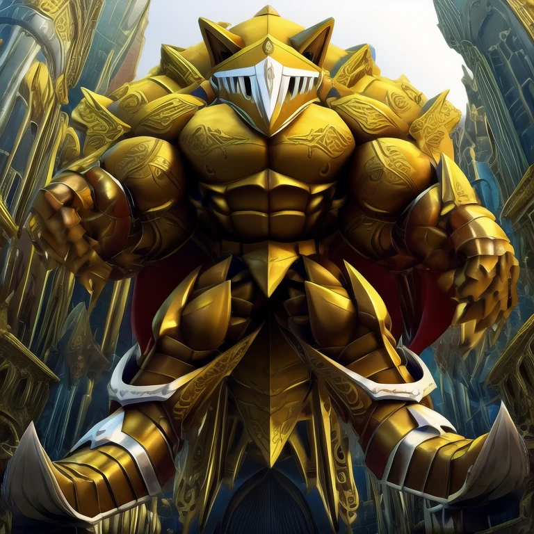 - Excalibur Sonic. Golden Armor. The whole body is golden.
- masterpiece. official art. 8k. best quality. detailed full body. full body.
- no face. wearing a full-face helmet.
- An arrogant expression. smile at the corner of your mouth.
- He with 4 arms.
- large muscles,  big muscle, huge muscles,  massive muscles, bulk up.
- focus GIANT Excalibur Sonic is trampling the city. Looking down. macro. stomp. Low-angle perspective. emphasizing the immense size. He has long legs.
- The nails are sharp. The nails are gold. There are five fingers.
- The toenails are sharp. The toenails are gold. There are five toes.

(Excalibur Sonic, golden armor, helmet, no face, holding, red cape, upturned and pointy shoes)