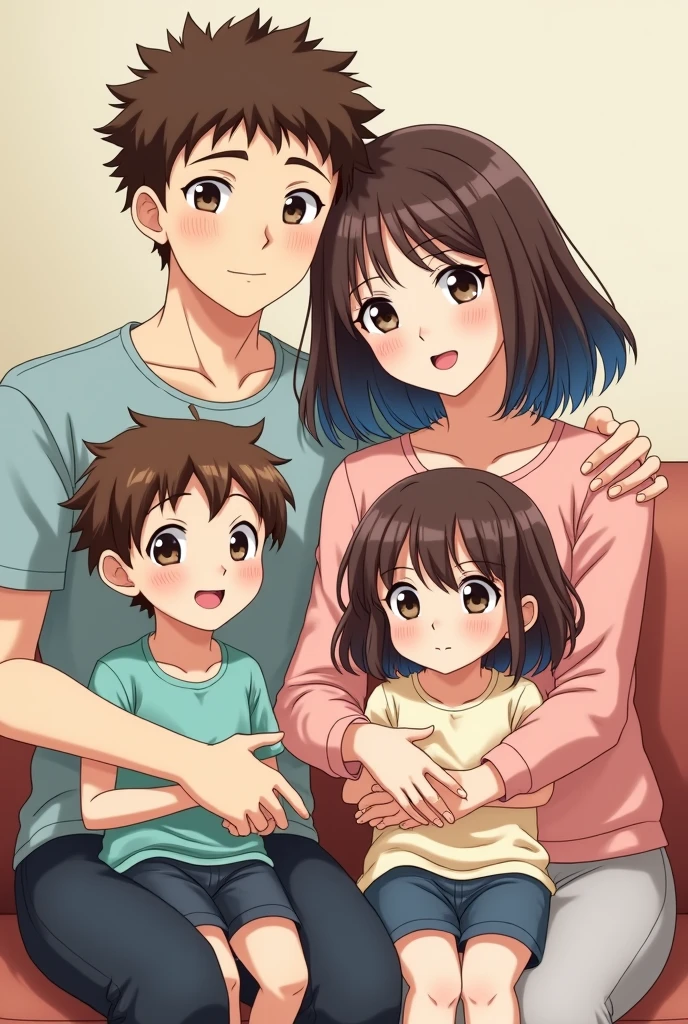 A family of four- mother, father, daughter, son in anime style with a pet tortoise playing