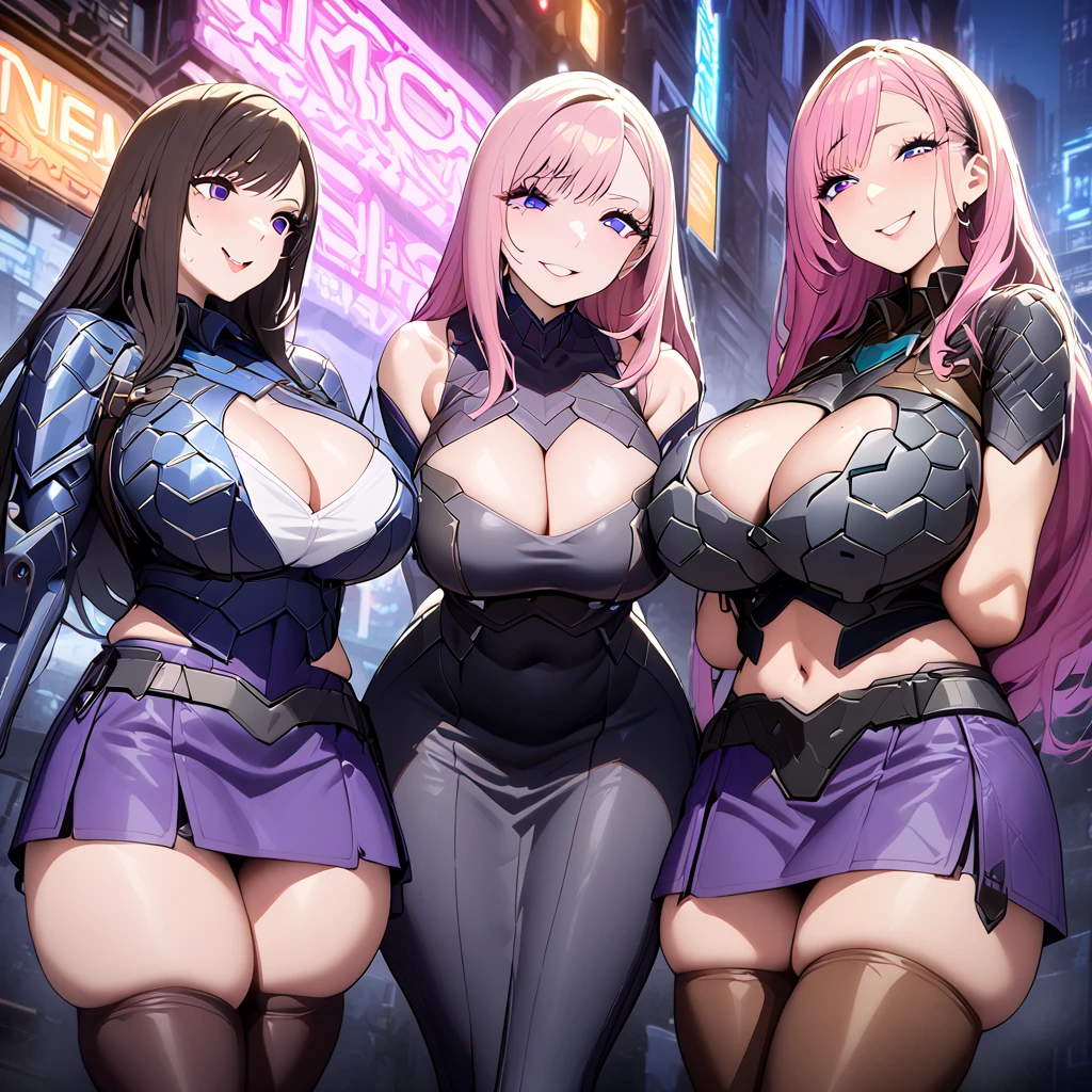 cyberpunk city, street, evening, neon light, neon sign, Masterpiece, Best Quality, high resolution, JK,huge tit,3 girls,black arco,black arcotie, pinkhair, long hair,  purple eyes, tight, big breasts, big thighs, expression smiling shy, white 'pandora' Uniform ((cut-out armor)), Deep cleavage, purple skirt, Juliet sleeves, high brown stockings, black sneakers