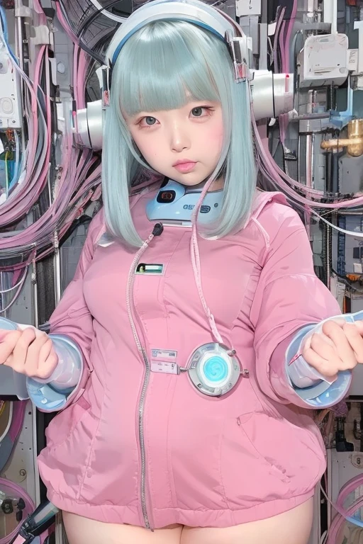 masterpiece, best quality, extremely detailed,portrait,front view,Japaese android girl,Plump,pastel color uniform, control panels,android,Droid,Mechanical Hand, Robot arms and legs,Blunt bangs,long tube,thick cable connected her neck