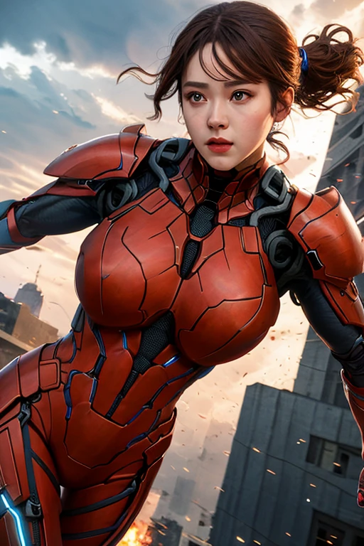 best quality,  highres icon, 8k, masterpiece, (real photography: 1.5), whole body,  girl hero,  beautiful face,  well-balanced face , biological exoskeleton armor,Marvel Studio, hollywood movie, battle field, (dynamic angle: 1.5), (Bright Light: 1.2)