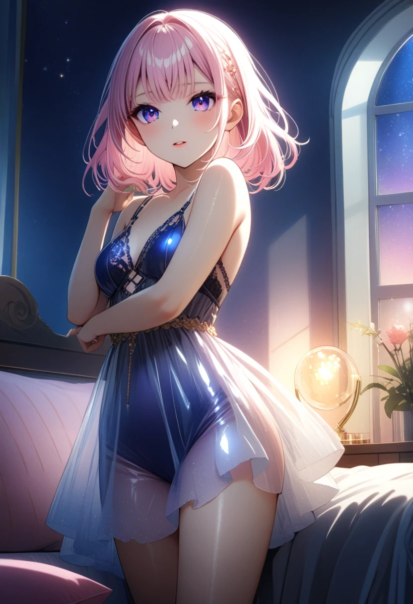 Anime,  Colorful Backgrounds Many  ,   Girl in Seductive Poses  , (  Light Outfits Translucent   :1.1),   Tight Fit  , Shine,   intricate details ,  Sparkling ,  light makeup ,  bright color, Full hair,   soft lighting  , (  Designer Room Decor :1.2), Beautiful bed , White window,   Clear Glass  , moonlight, , masterpiece,   intricate details , 8K Yen,  Higher quality ,