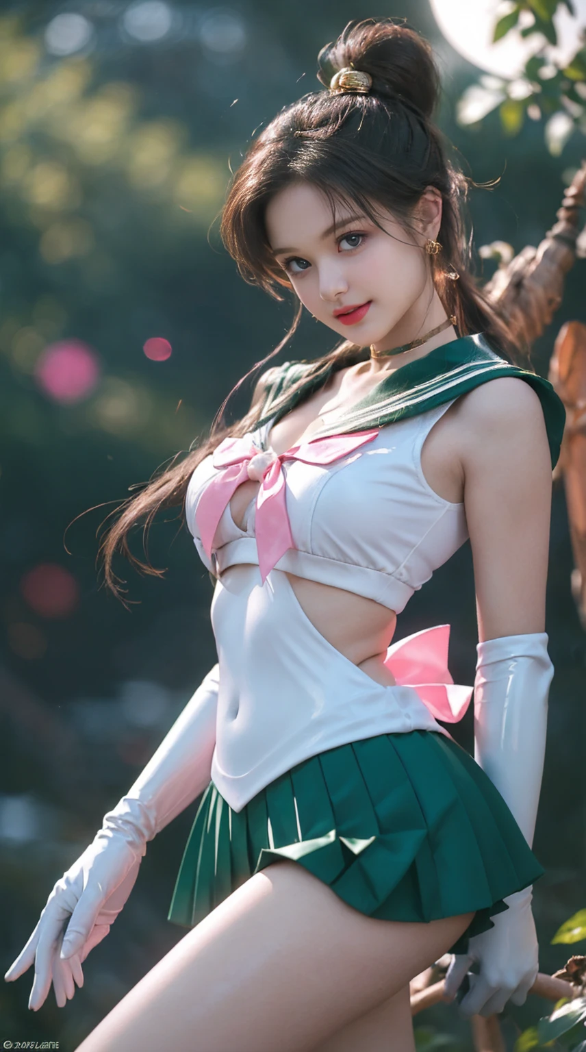 (masterpiece, best quality:1.4), (full body:1.5), (sitting:1.5), (legs focus), erotic pose, 1girl, solo, hmjupiter, (green eyes), ponytail, (tiara:1.2), jewelry, (sailor senshi uniform:1.5), green sailor collar, choker, elbow gloves, white gloves, pink bow, brooch, white leotard, green skirt, pleated skirt:1), beautiful face, highly detailed face, highly detailed eyes, highly detailed skin, skin pores, subsurface scattering, realistic pupils, medium breast, sexy smile, full face blush, full lips, sakura trees background, subsurface scattering, detailed background, depth of field, volumetric lighting, sharp focus, absurdres, realistic proportions, good anatomy, (realistic, hyperrealistic:1.4), 16k hdr,