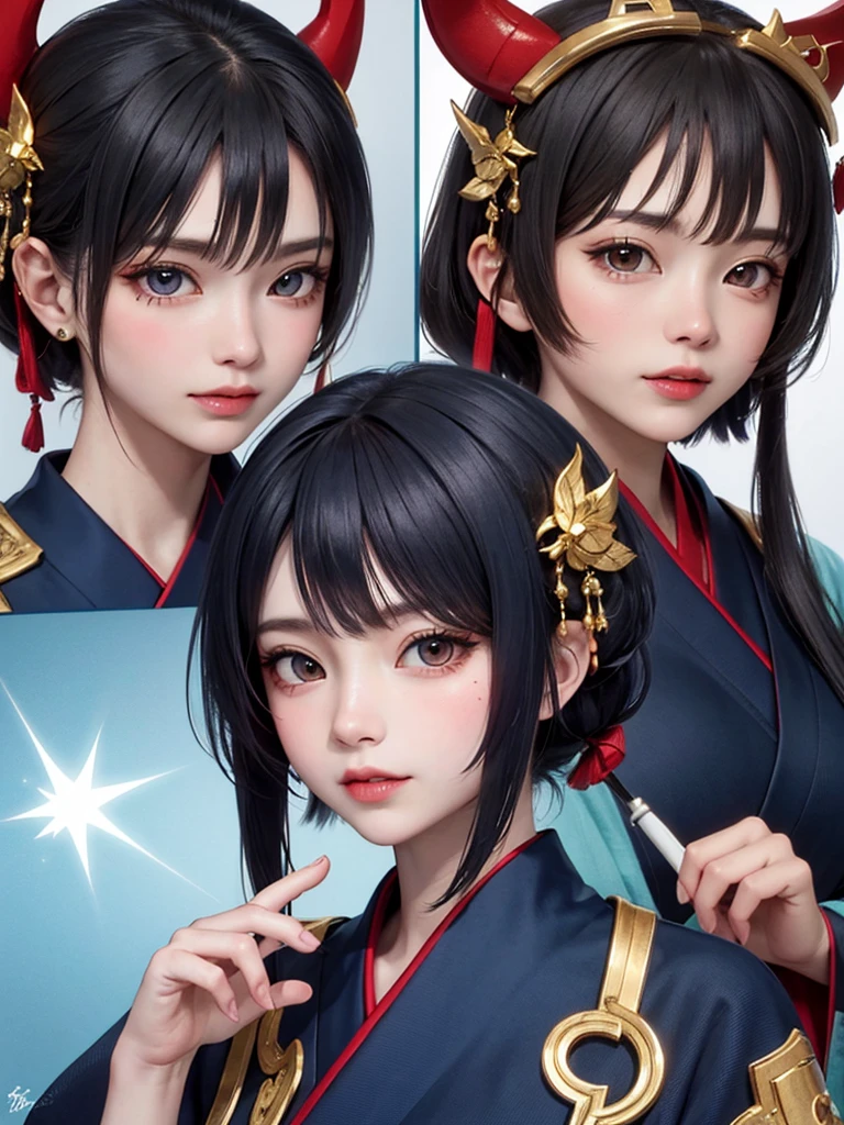 (Girl with bright black hair)(Best quality, A high resolution, Vivid colors, (Cartoon Goddess), (comic strip))Forged hammer pattern,belly-bar,oguchi,Flowing linen cape,sedate,massiness,Shiny and warm