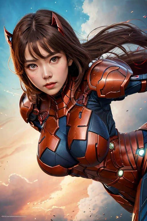 best quality,  highres icon, 8k, masterpiece, (real photography: 1.5), whole body,  girl hero,  beautiful face,  well-balanced face , biological exoskeleton armor,Marvel Studio, Iron woman, hollywood movie, battle field, (dynamic angle: 1.5), (Bright Light: 1.2)