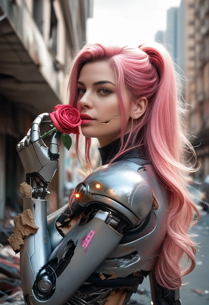  A close-up of a woman in a pink costume posing for a photo, ( gynoid cyborg body :1.4), biomechanical oppai,  robotic anime mixed with organic , gynoid body , beautiful cyborg girl,  Highly Detailed Cyborg Body ,  Girl in Cyber Armor Mecha ,  Perfect Anime Cyborg Woman , Chica Cyborg ,  Perfect Android Girl ,  Broken and Beautiful Android Woman !,More detailed 8K.unreal engine:1.4,UHD,La  Best Quality :1.4,  photorealistic :1.4, skin texture:1.4,  masterpiece :1.8, masterpiece ,  Best Quality ,object Object], ( detailed facial features :1.4),( Destroyed Apocalyptic City :1.4),( long pink hair :1.4),（ Beautiful and detailed eye description ）,(hands:1.4),( Rose Silver Robotic Suit :1.4)