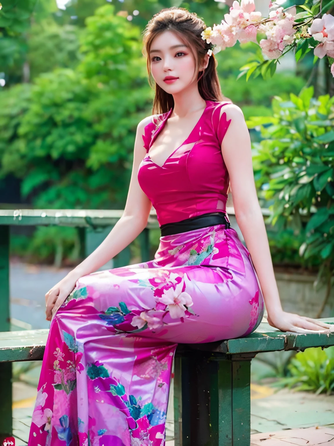 The allure and beauty of a woman holding in red roses , sitting on a long
* bench. Wearing Myanmar floral shirt and floral long skirt, model poses Chinese actress style, ((medium 
breasts)),full body ((dynamic sexy poses)),cherry blossoms
on the background wall painting ,bokeh