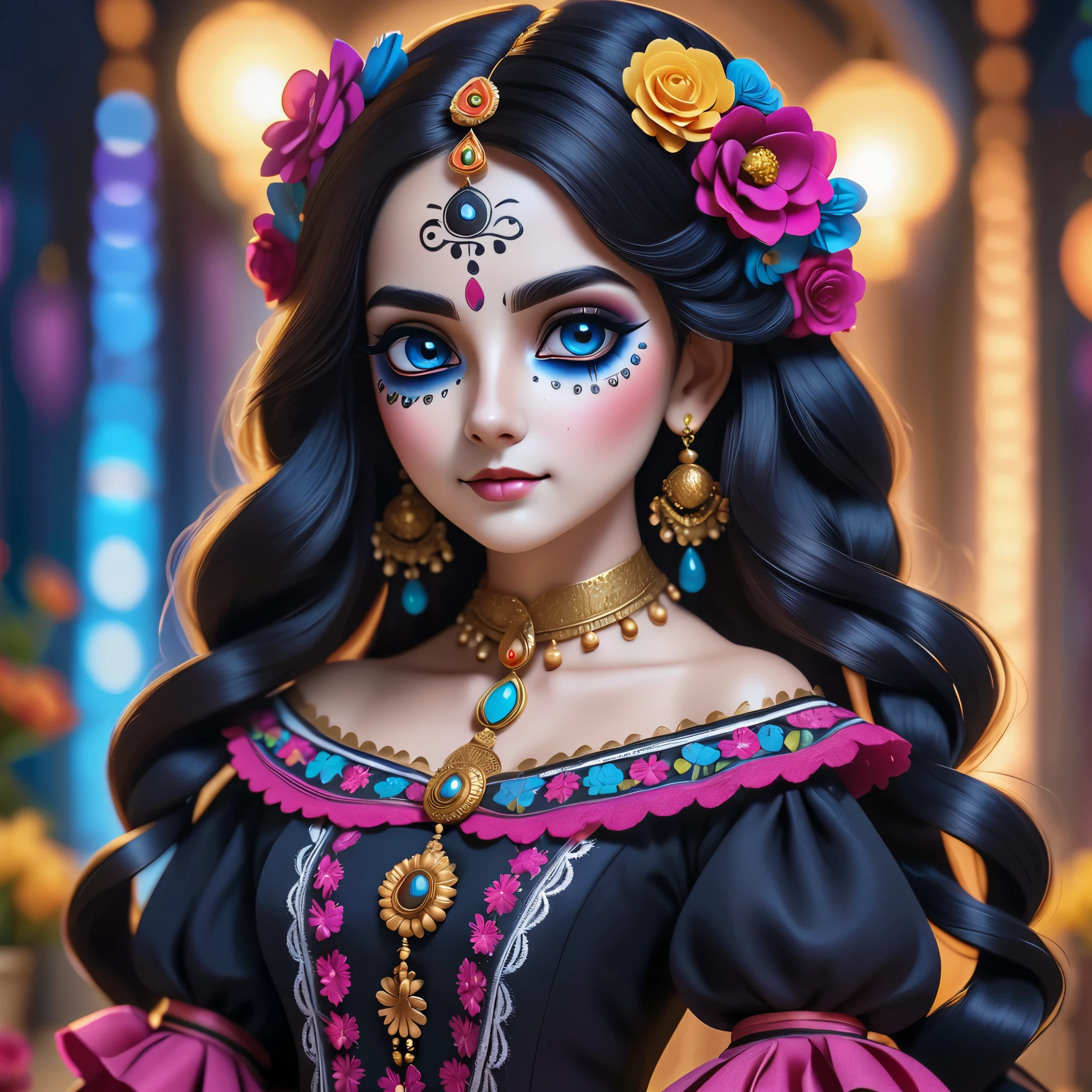 1girl, (Catrina MakeUp), (traditional dress), hair flower, blue eyes, long wavy hair, black hair, cute pose, cute, (realistic:1.2), (realism), (masterpiece:1.2), (best quality), (ultra detailed), (8k, 4k, intricate),(portrait), ,light particles, lighting, (highly detailed:1.2),(detailed face:1.2), (gradients), sfw, colorful,(detailed eyes:1.2)