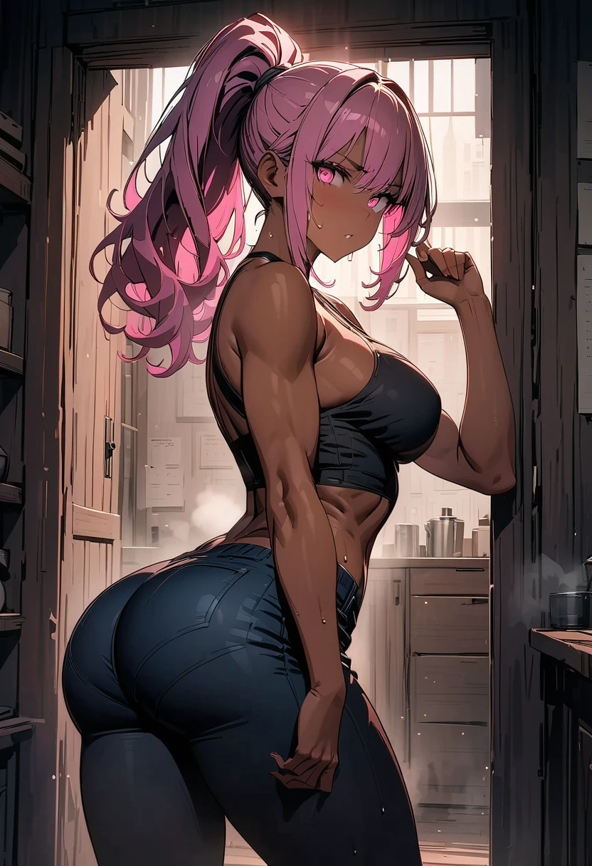 masterpiece,best quality,high resolution,8k,ultra HD,wallpaper,illustration,perfect face,cowboy shot,beautiful detailed pink eyes,extremely detailed face,perfect lighting,extremely detailed CG,perfect anatomy,perfect body,perfect hands,perfect fingers,1woman,full body,,muscle fighter body,dark skin, pink long ponytail hair,pink eyes, Medium ass,,(black tube top),black short jeans,clothed,,collarbone,,looking at viewer,(),Steam,sweat, home,adult,