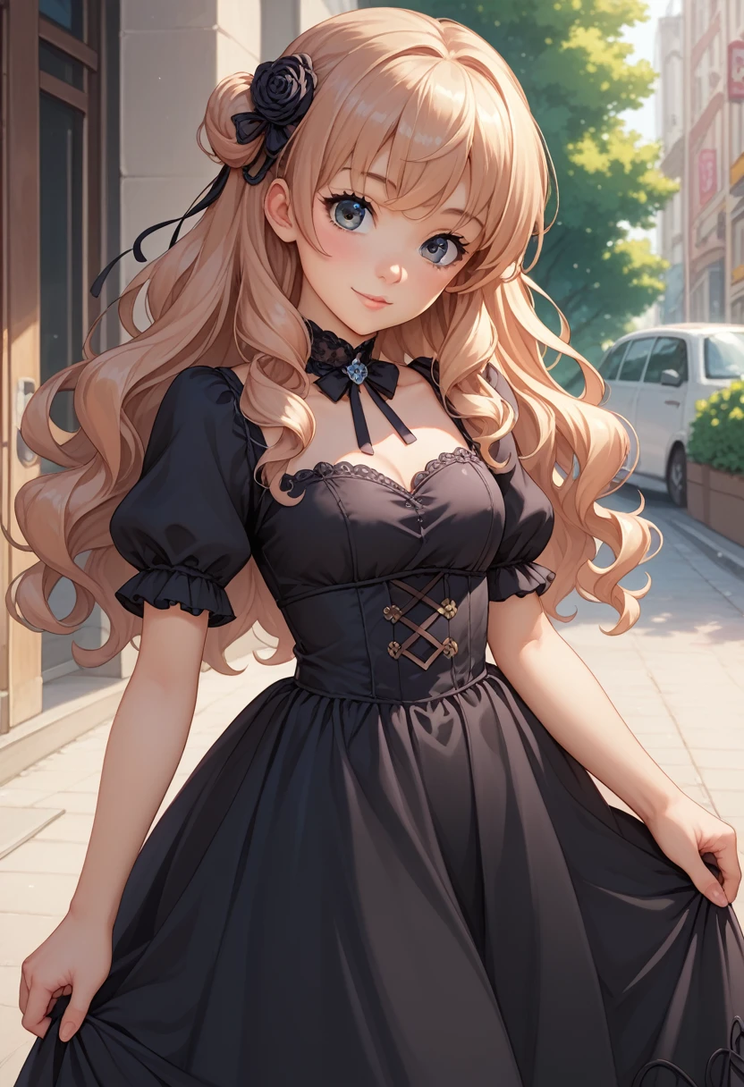 anime girl with long hair and a black dress posing for a picture, sayori, anime visual of a cute girl, anime moe artstyle, **** in dress, anime girl wearing a black dress, pretty anime girl, (anime girl), cute anime girl, cute anime waifu in a nice dress, attractive anime girl, beautiful anime girl, rin, smooth anime cg art