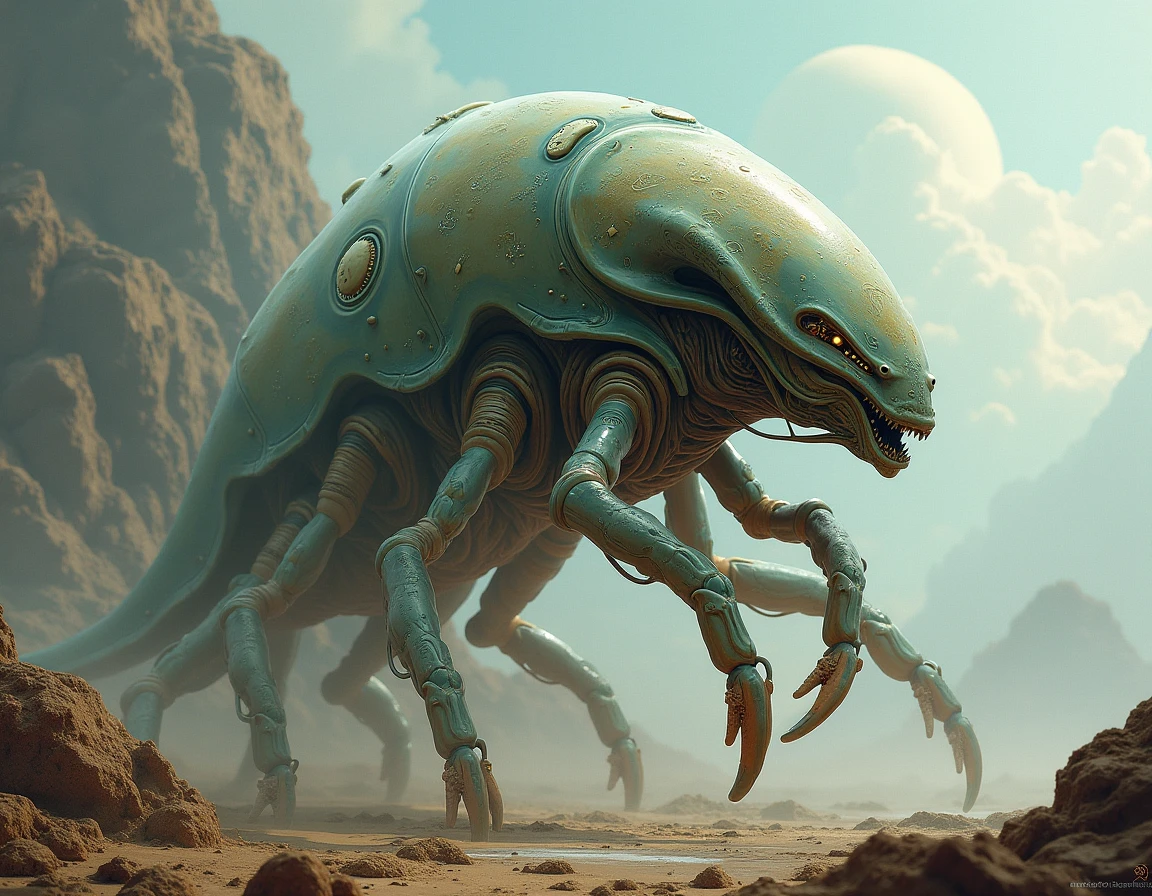 A bizarre alien grazing creature, extraterrestrial wildlife, large imaginative alien animal, detailed alien anatomy, intricate alien textures and patterns, cinematic lighting, fantasy landscape, dramatic composition, surreal color palette, highly detailed, 8K, photorealistic, masterpiece