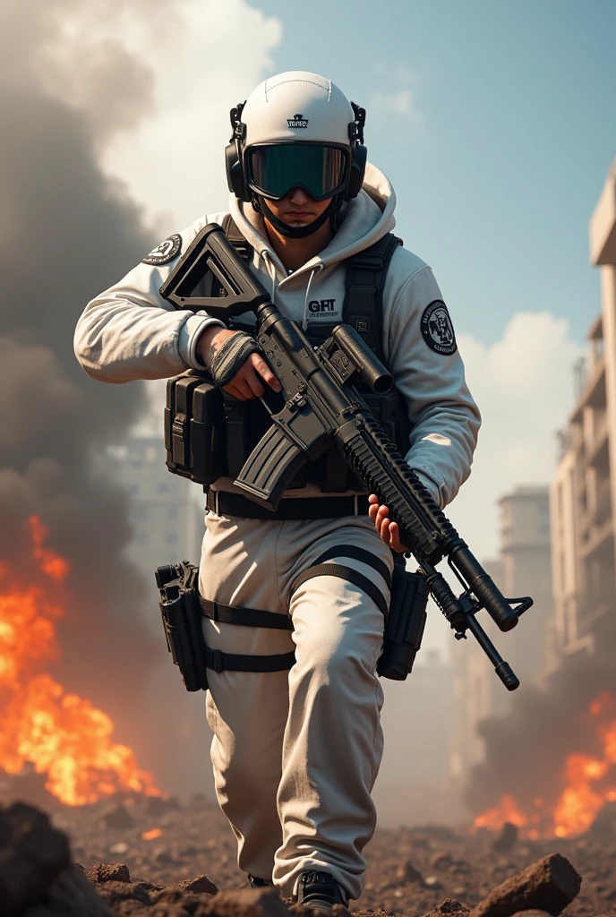 obra-prima, alta qualidade, ultra alta res, 1man, homem de meia-idade, segurando rifle de assalto, detalhe face, blast, energia, ao ar livre, cidade, guerra, Helicopter attack (((MW2ghost)))
