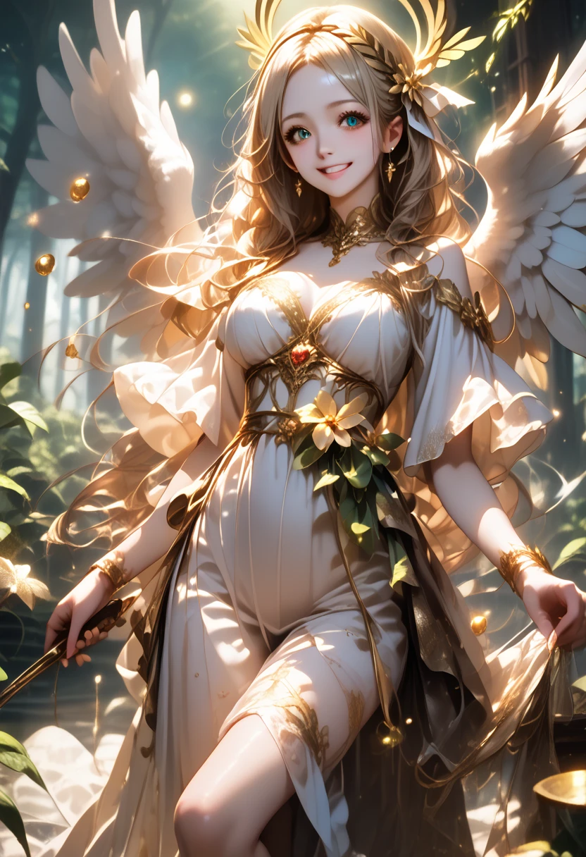 anime girl, very beautiful, Ideal Anatomy, Long Hair Straight Very Long Hair, small, Light big eyes, A Bright Personality, Nice Makeup, Angel Wings, Wings Glitter With Gold Dust, Beautiful View of Clouds, The Sun is Shining, the forest, walk, smile, joy, Soft and Pleasant Colors, clear detail, A game of shadows, Foliage on Earth, Clear Masterpiece,score_9, score_8_up, score_7_up, dramatic lighting, highly detailed, high budget, bokeh, cinemascope, moody, epic, gorgeous, film grain, grainy, masterpiece, best quality, perfect anatomy, very aesthetic, official art, 8k, Shine, magic of painting, Nice Colors Shadows, pfstyle, fantasy,