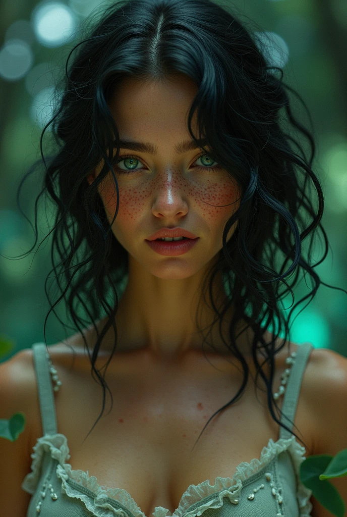 (Realystic:1.4), analog photo style, depths of field, (dark-haired Lightfoot Halfling with blue eyes, wearing a linen shirt), (small leaves and insects got tangled in wet hair), wide waist, (her full body is a visual pleasure), view from above, extremely sexy, dark fantasy atmosphere, deep shadows with the some sun rays, a delicate balance between reality and fantastic, faded colours, great quality, Masterpiece, blurred gloomy background, naturally cinematic light, 16k quality, kodak porta 400, bokeh.