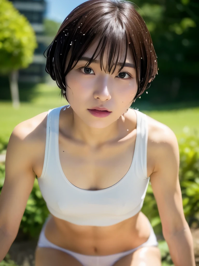 (Realistic Face:1.2), (CRYING FACE EXPRESSION:1.3), Chubby adorable, (sport bra), 1 girl, (face to face), 10 years old, baby face, happy, half body portrait, (face details: 1), (eye details: 1), ((flat breasts)). wearing transparent transparency soft soft long shirt, .. Cute posed. proportional body. Ultra High Res. realistic: 1.4, UHD, (floral pattern), (punk shorthaircut), ((Sports Bra Latch))
