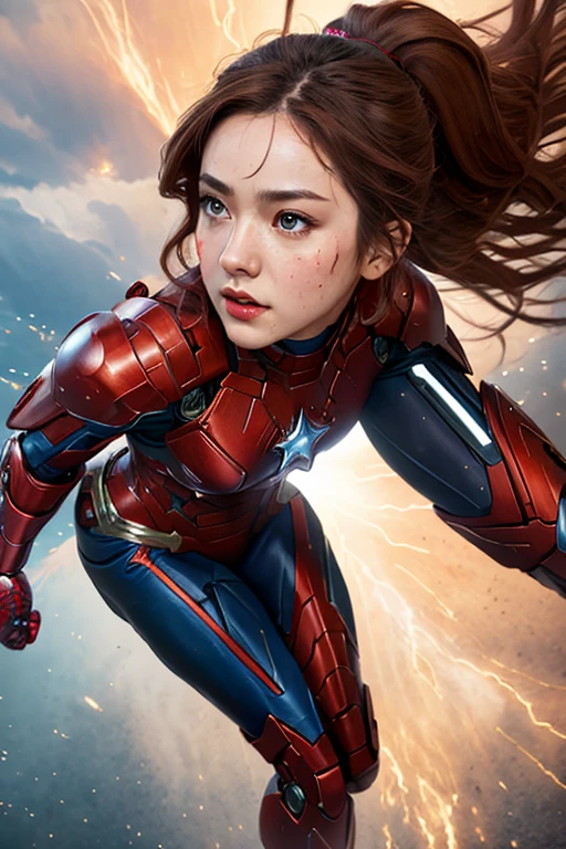 best quality,  highres icon, 8k, masterpiece, (real photography: 1.5), whole body,  girl hero,  beautiful face,  well-balanced face , biological exoskeleton armor,　High-detailed mechanic armor, High-Tech mask, Marvel Studio, Iron woman, hollywood movie, battle field, (dynamic angle: 1.5), (Bright Light: 1.2)