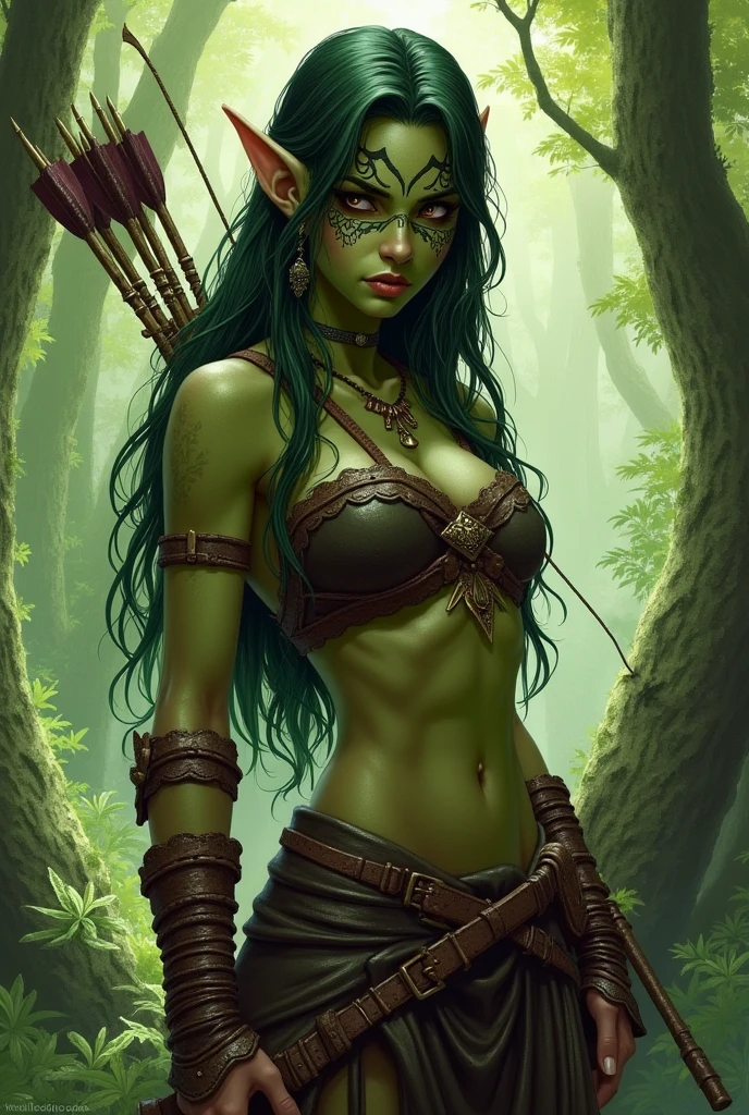 (Female JungleNode:1.4), (fierce and primal expression:1.4), (wild, untamed hair with vibrant green highlights:1.4), (body adorned with tribal markings and vines:1.3), (jungle-inspired armor made from natural elements:1.4), (leafy and bark-like textures integrated into her skin:1.4), (glowing emerald eyes reflecting the jungle's life force:1.4), (surrounded by a lush, dense jungle environment:1.3), (mystical creatures and plants intertwined with her form:1.3), (sharp claws and fangs hinting at her wild nature:1.4), (dynamic and powerful pose:1.3), (highly detailed textures and lighting:1.4)