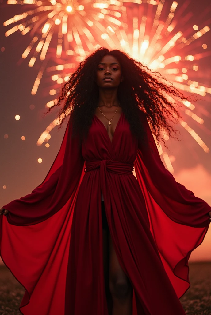  Creates an image of a young 18-year-old black girl with dark and long powerful hair and red robes, She brings together from her mother an infernal goddess with dark skin and red hair and surrounding fireworks 